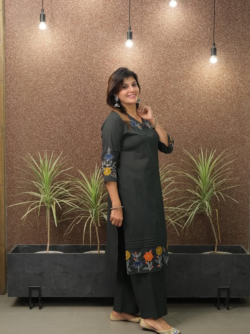 Black Cotton Embroidered Kurta Pant Set